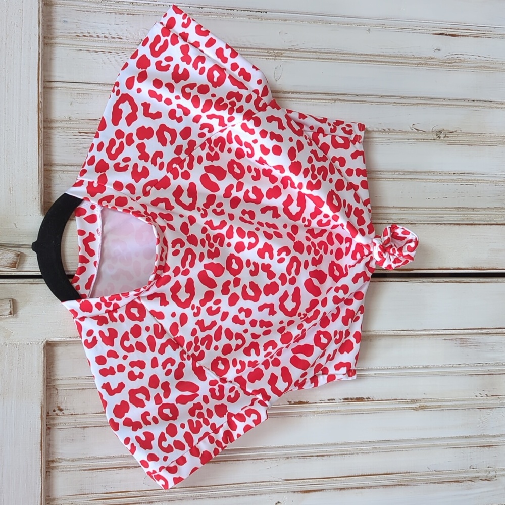 Zaful red and white animal print knotted swim crop top.  L ,8